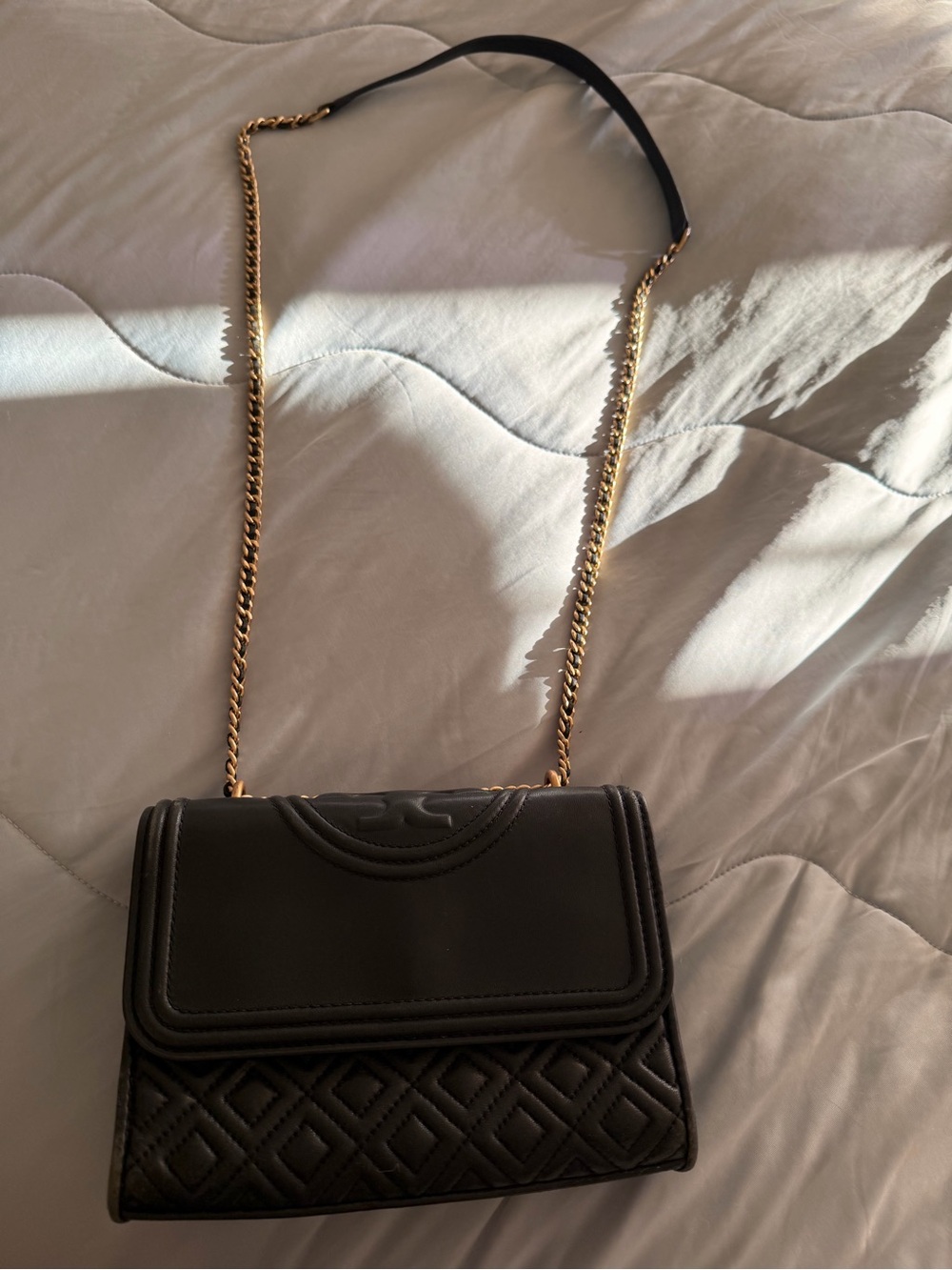 Tory Burch Black Quilted Crossbody Bag with Gold Chain